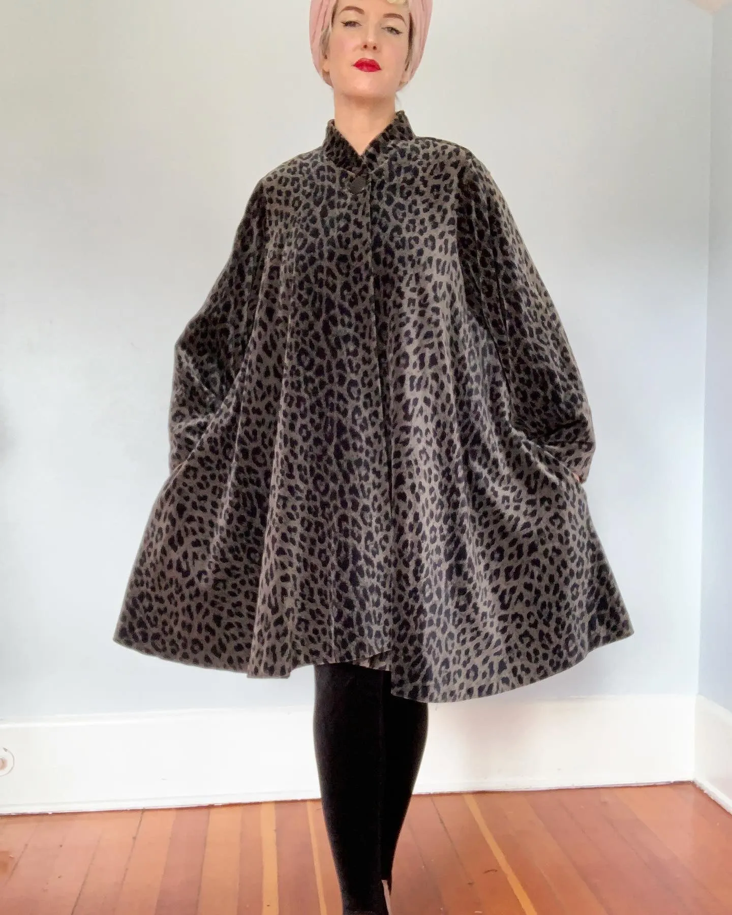 1980s Water Repellent Cotton Velvet Leopard Print Dramatic Trapeze Coat by "Coats by Cattiva" in "J.L. deBall Velvet"