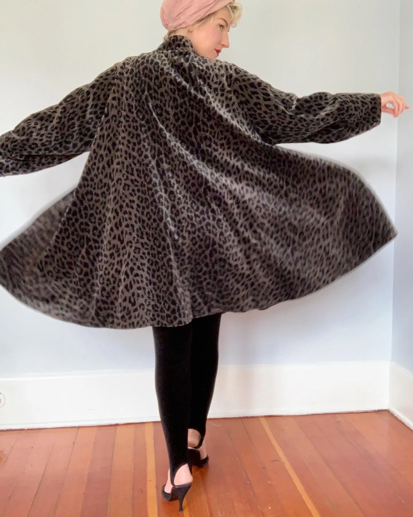 1980s Water Repellent Cotton Velvet Leopard Print Dramatic Trapeze Coat by "Coats by Cattiva" in "J.L. deBall Velvet"
