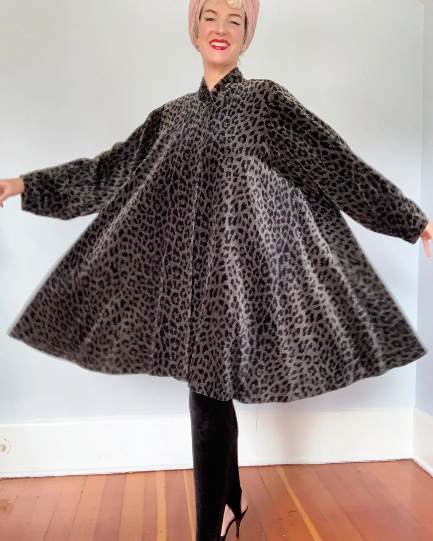 1980s Water Repellent Cotton Velvet Leopard Print Dramatic Trapeze Coat by "Coats by Cattiva" in "J.L. deBall Velvet"