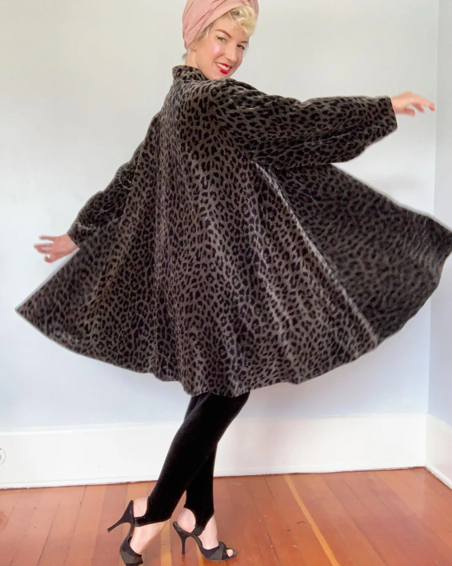 1980s Water Repellent Cotton Velvet Leopard Print Dramatic Trapeze Coat by "Coats by Cattiva" in "J.L. deBall Velvet"