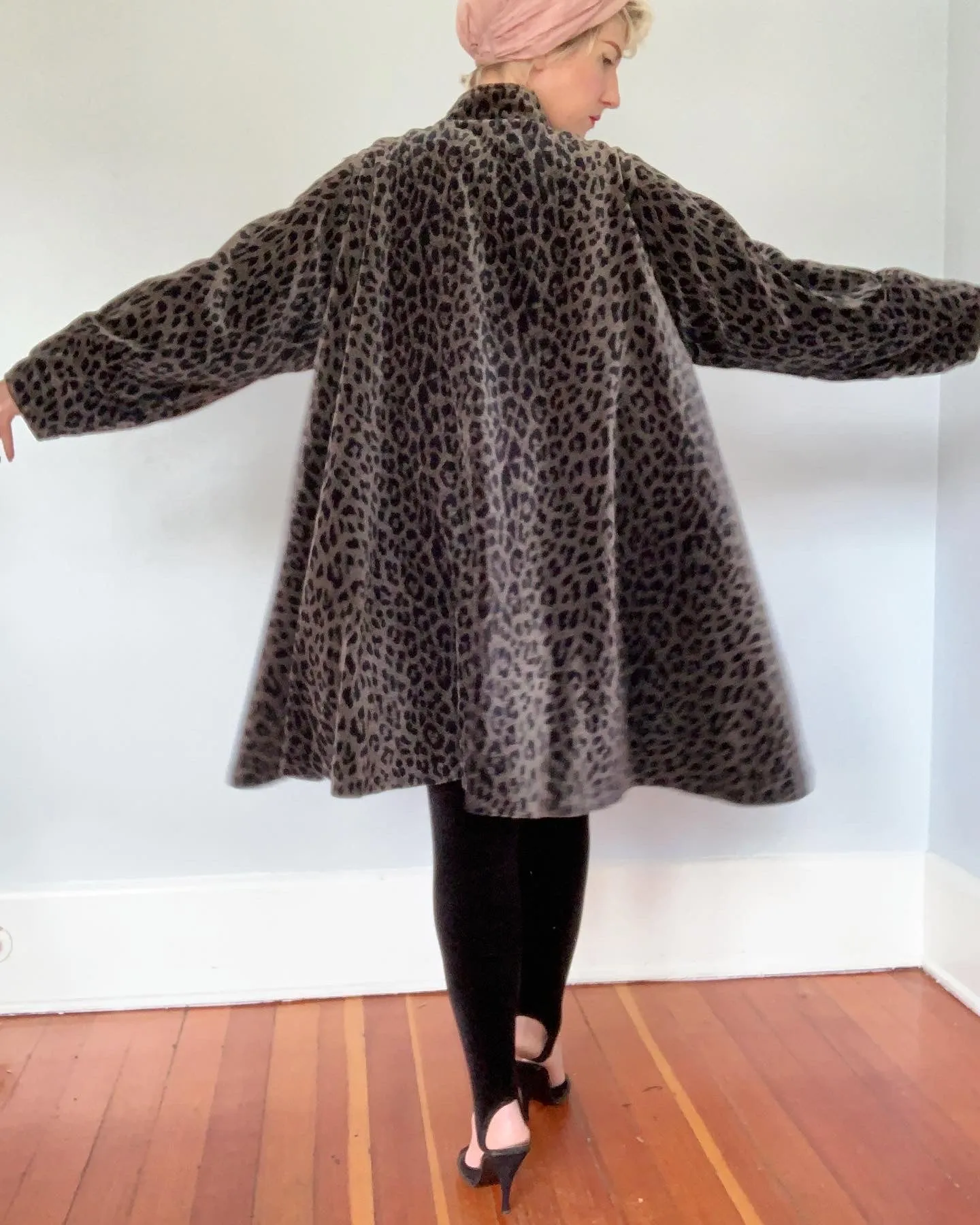 1980s Water Repellent Cotton Velvet Leopard Print Dramatic Trapeze Coat by "Coats by Cattiva" in "J.L. deBall Velvet"