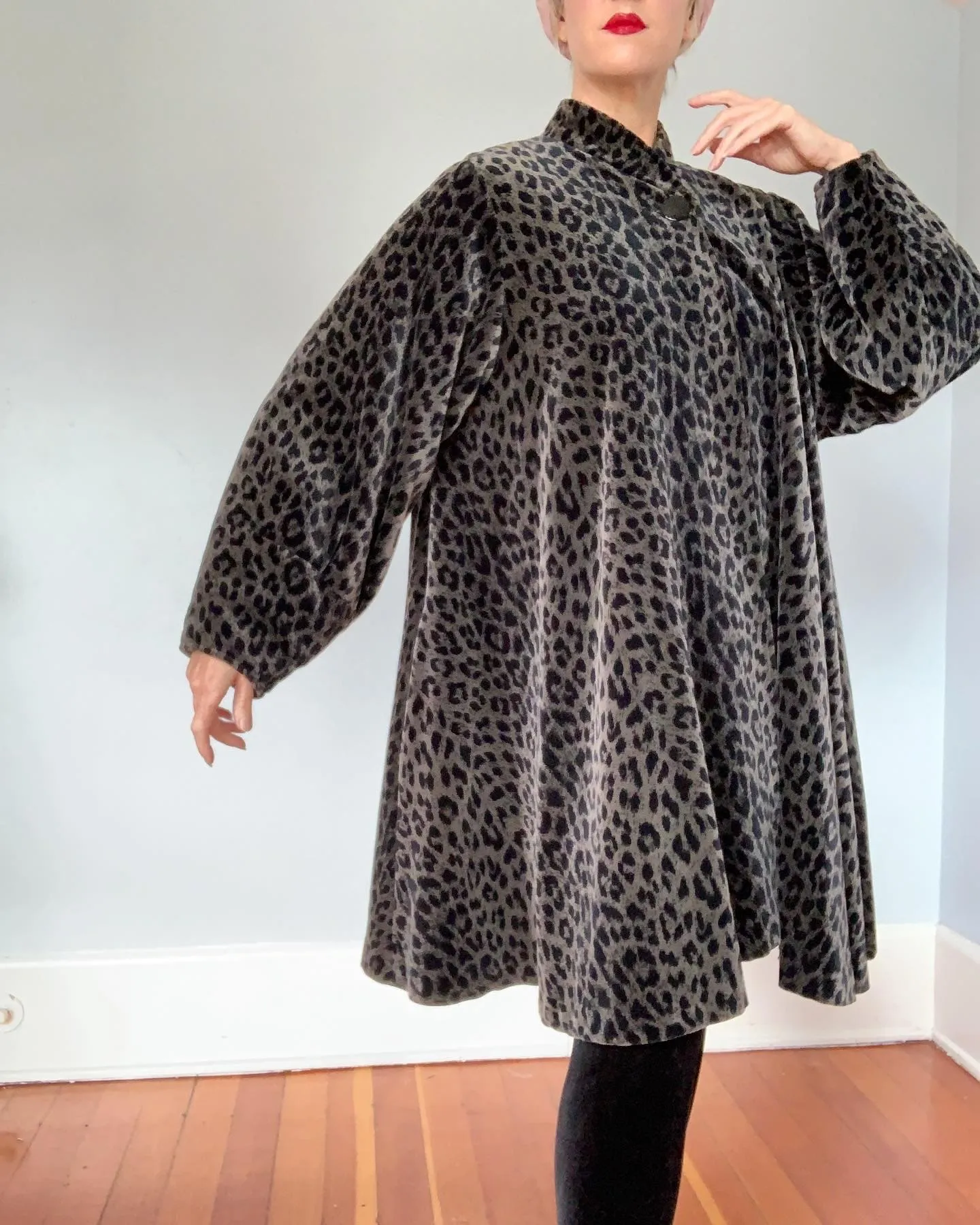 1980s Water Repellent Cotton Velvet Leopard Print Dramatic Trapeze Coat by "Coats by Cattiva" in "J.L. deBall Velvet"