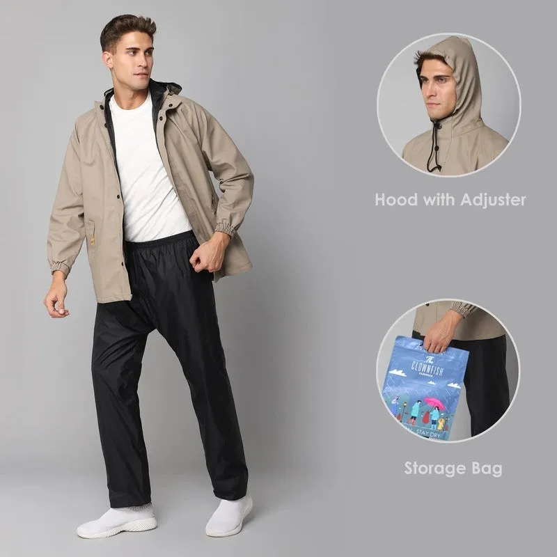 Combo: THE CLOWNFISH Jovian PVC Waterproof Raincoat for Men | Adjustable Hood, Set of Top & Bottom | X-Large | Beige