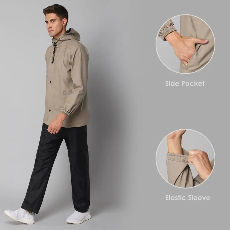 Combo: THE CLOWNFISH Jovian PVC Waterproof Raincoat for Men | Adjustable Hood, Set of Top & Bottom | X-Large | Beige