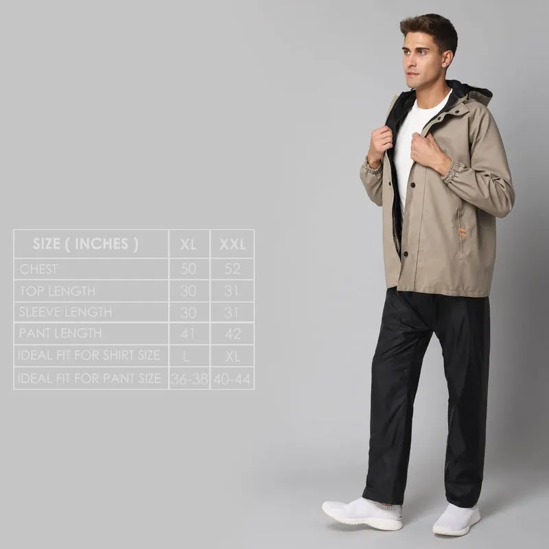 Combo: THE CLOWNFISH Jovian PVC Waterproof Raincoat for Men | Adjustable Hood, Set of Top & Bottom | X-Large | Beige