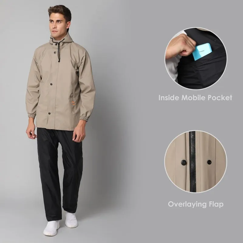 Combo: THE CLOWNFISH Jovian PVC Waterproof Raincoat for Men | Adjustable Hood, Set of Top & Bottom | X-Large | Beige