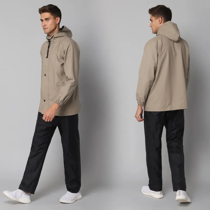 Combo: THE CLOWNFISH Jovian PVC Waterproof Raincoat for Men | Adjustable Hood, Set of Top & Bottom | X-Large | Beige