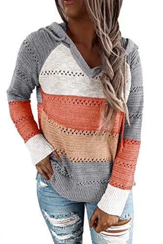 Cute TriColor Block V-Neck Long Sleeve Lacy Knit Pullover Hoodie Sweatshirt, Sizes to 3XL  (9 colors)