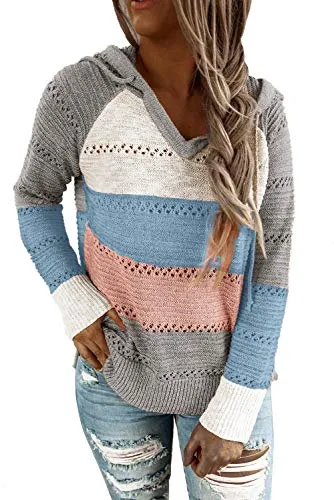 Cute TriColor Block V-Neck Long Sleeve Lacy Knit Pullover Hoodie Sweatshirt, Sizes to 3XL  (9 colors)