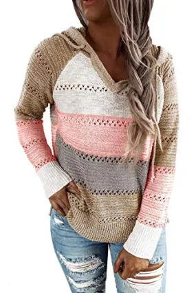 Cute TriColor Block V-Neck Long Sleeve Lacy Knit Pullover Hoodie Sweatshirt, Sizes to 3XL  (9 colors)