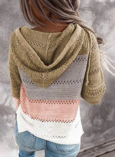 Cute TriColor Block V-Neck Long Sleeve Lacy Knit Pullover Hoodie Sweatshirt, Sizes to 3XL  (9 colors)