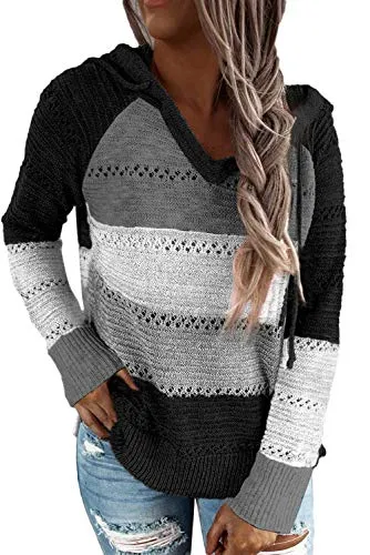 Cute TriColor Block V-Neck Long Sleeve Lacy Knit Pullover Hoodie Sweatshirt, Sizes to 3XL  (9 colors)
