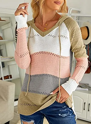 Cute TriColor Block V-Neck Long Sleeve Lacy Knit Pullover Hoodie Sweatshirt, Sizes to 3XL  (9 colors)