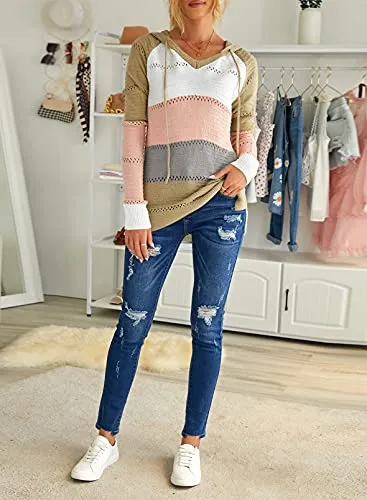 Cute TriColor Block V-Neck Long Sleeve Lacy Knit Pullover Hoodie Sweatshirt, Sizes to 3XL  (9 colors)
