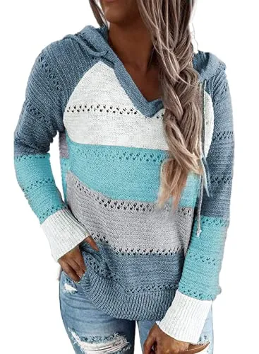 Cute TriColor Block V-Neck Long Sleeve Lacy Knit Pullover Hoodie Sweatshirt, Sizes to 3XL  (9 colors)
