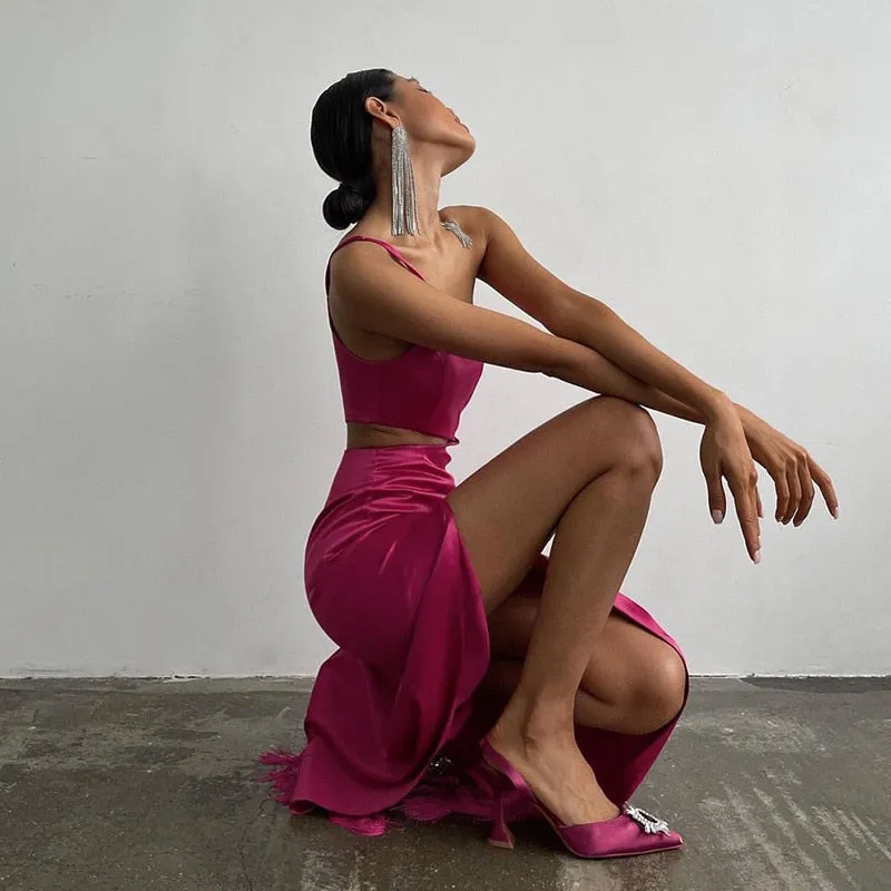 FLYTONN-Sexy spring and summer dresses, party dresses, graduation gifts,Rosette Tassels High Slit Dress
