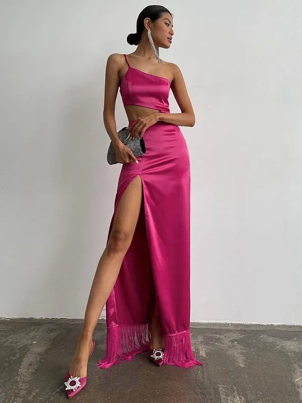 FLYTONN-Sexy spring and summer dresses, party dresses, graduation gifts,Rosette Tassels High Slit Dress