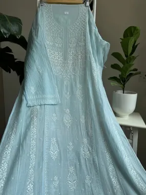Mul Chanderi Chikankari Anarkali - Baby Blue