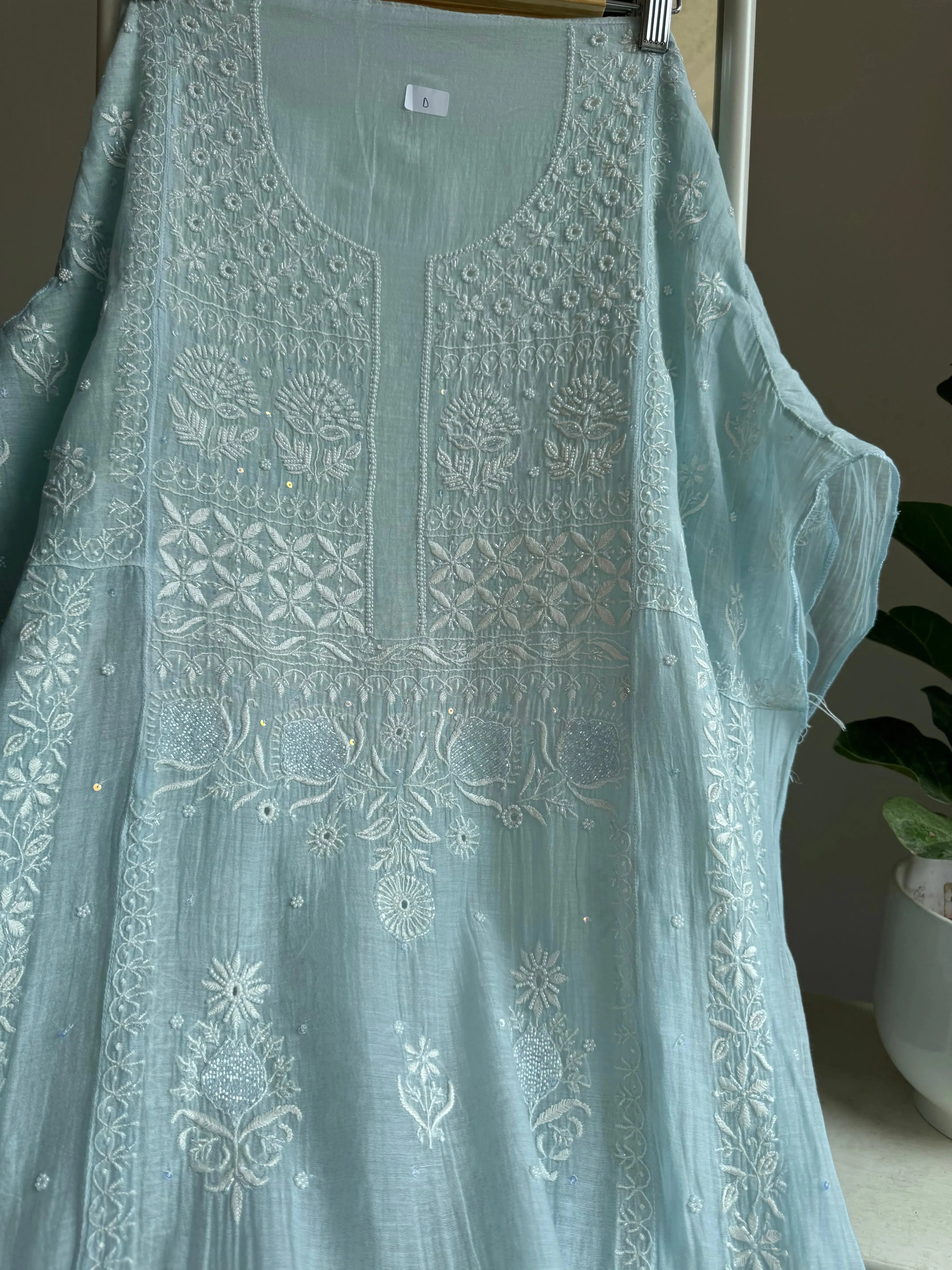 Mul Chanderi Chikankari Anarkali - Baby Blue