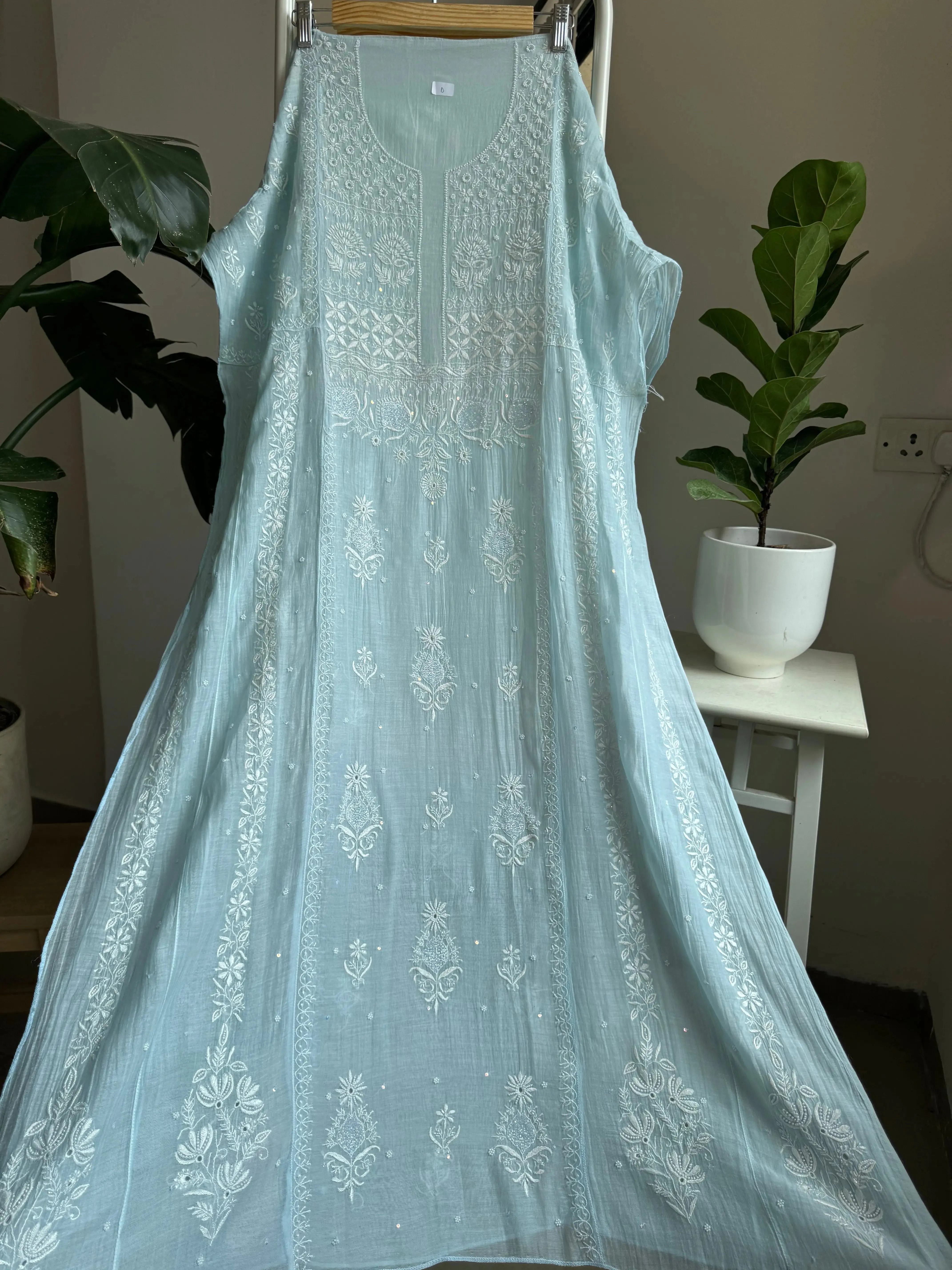 Mul Chanderi Chikankari Anarkali - Baby Blue