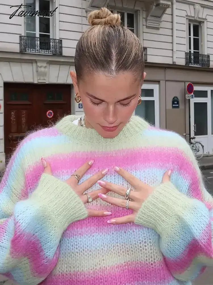 TAVIMART Women Rainbow Stripe Knit Gradient Sweater Autumn Chic Loose O Neck Long Sleeve Colorful Pullover 2024 Fashion Female Streetwear