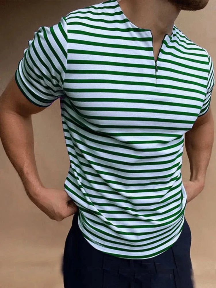 Wiaofellas  -  New Fashion Round Neck Zipper Shirts Tee Men Streetwear Office Mens Striped T-shirts Summer Short Sleeve Slim Pullover Tops